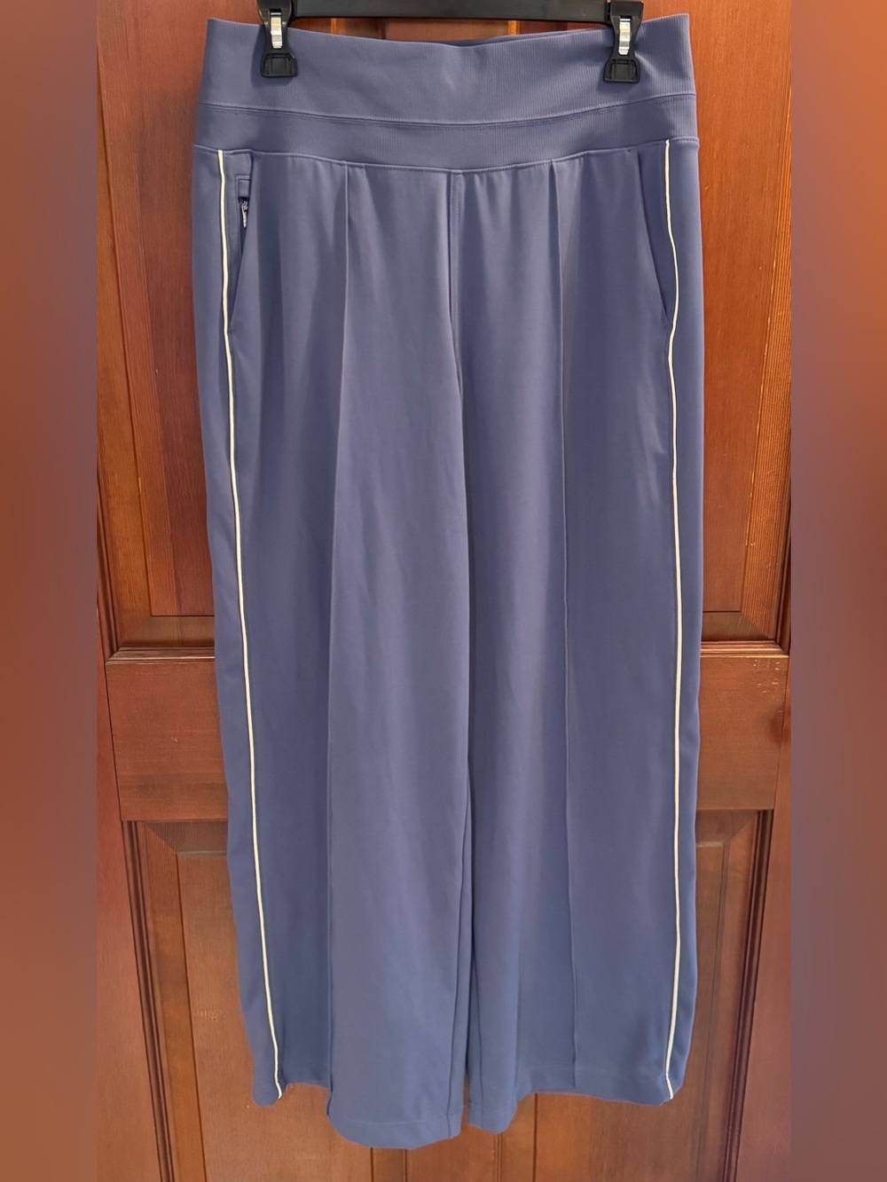 Athleta Women’s Wide-Leg Indigo Track Pants with White Piping